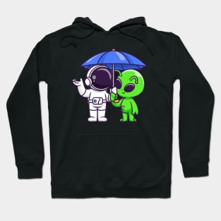 Cute Astronaut And Alien Standing Under Umbrella Cartoon Hoodie